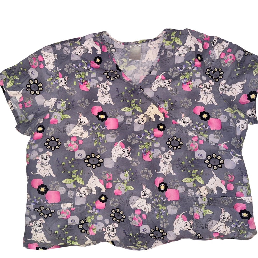 Disney 101 Dalmatians Scrub Top Gray Floral Puppy Print XL Mock Wrap V-Neck